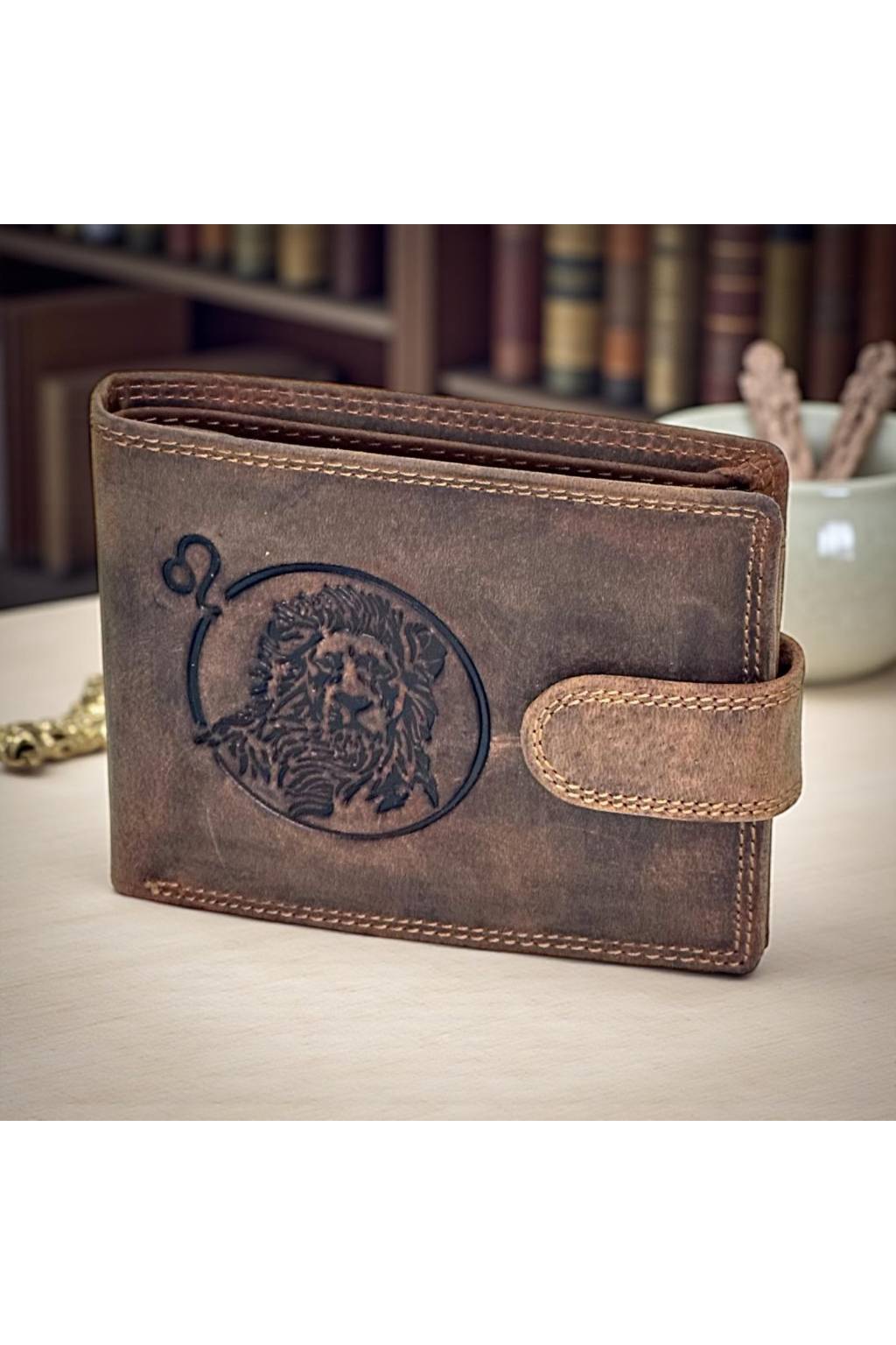 Pánska kožená peňaženka znamenie LEV – pravá koža, vintage hnedá